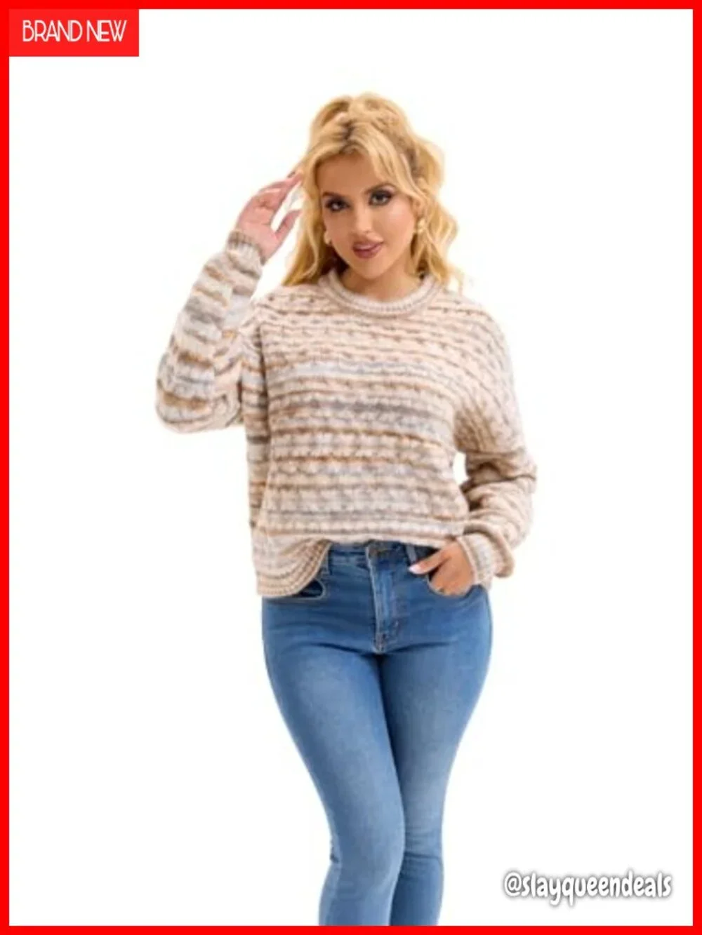 Striped Cable Knit Chunky Pullover Sweater Crewneck Long Sleeve Fall Winter Top